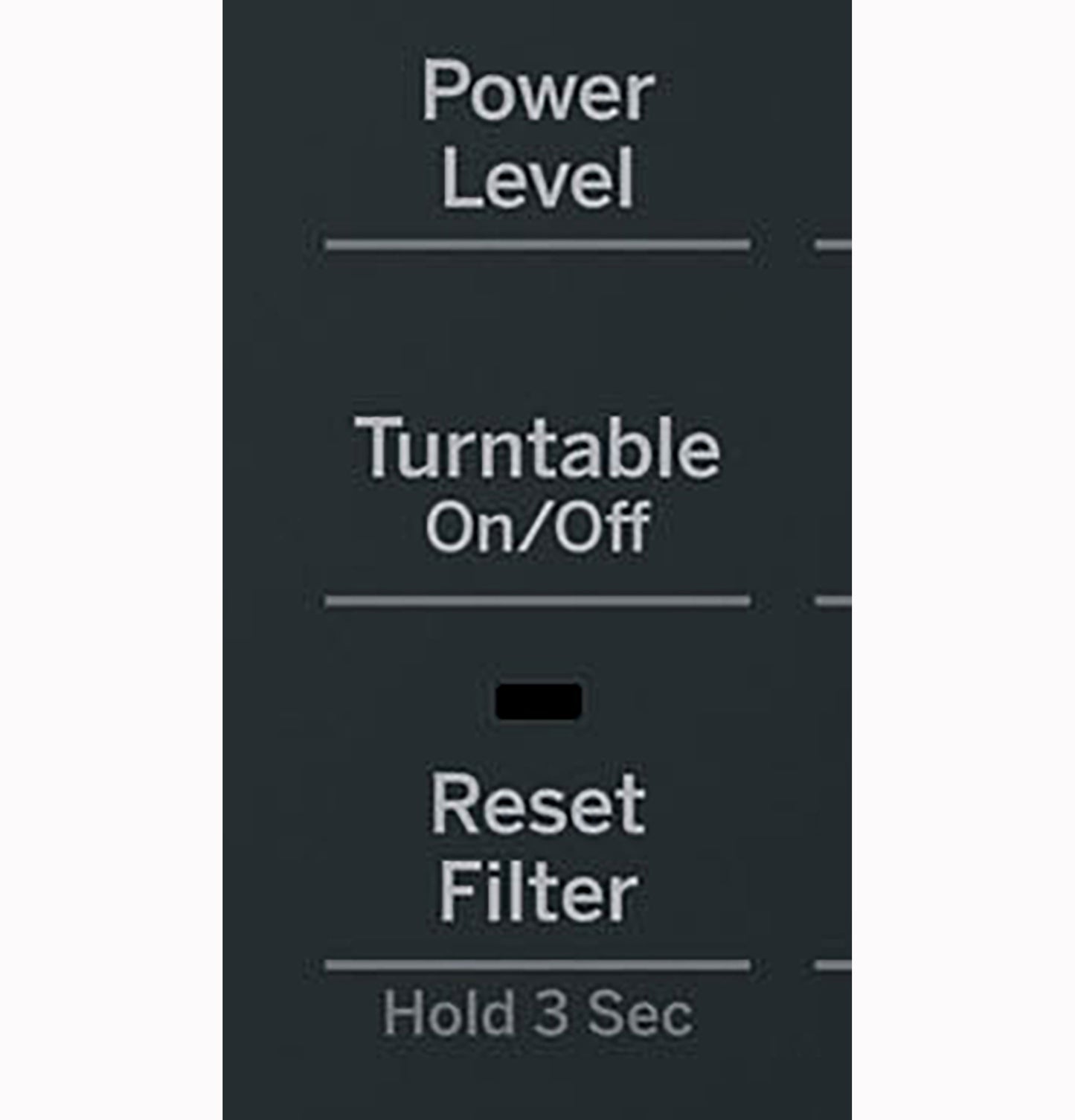 Microwave control panel showing power level, turntable on/off, and reset filter functions in kitchen appliances collection