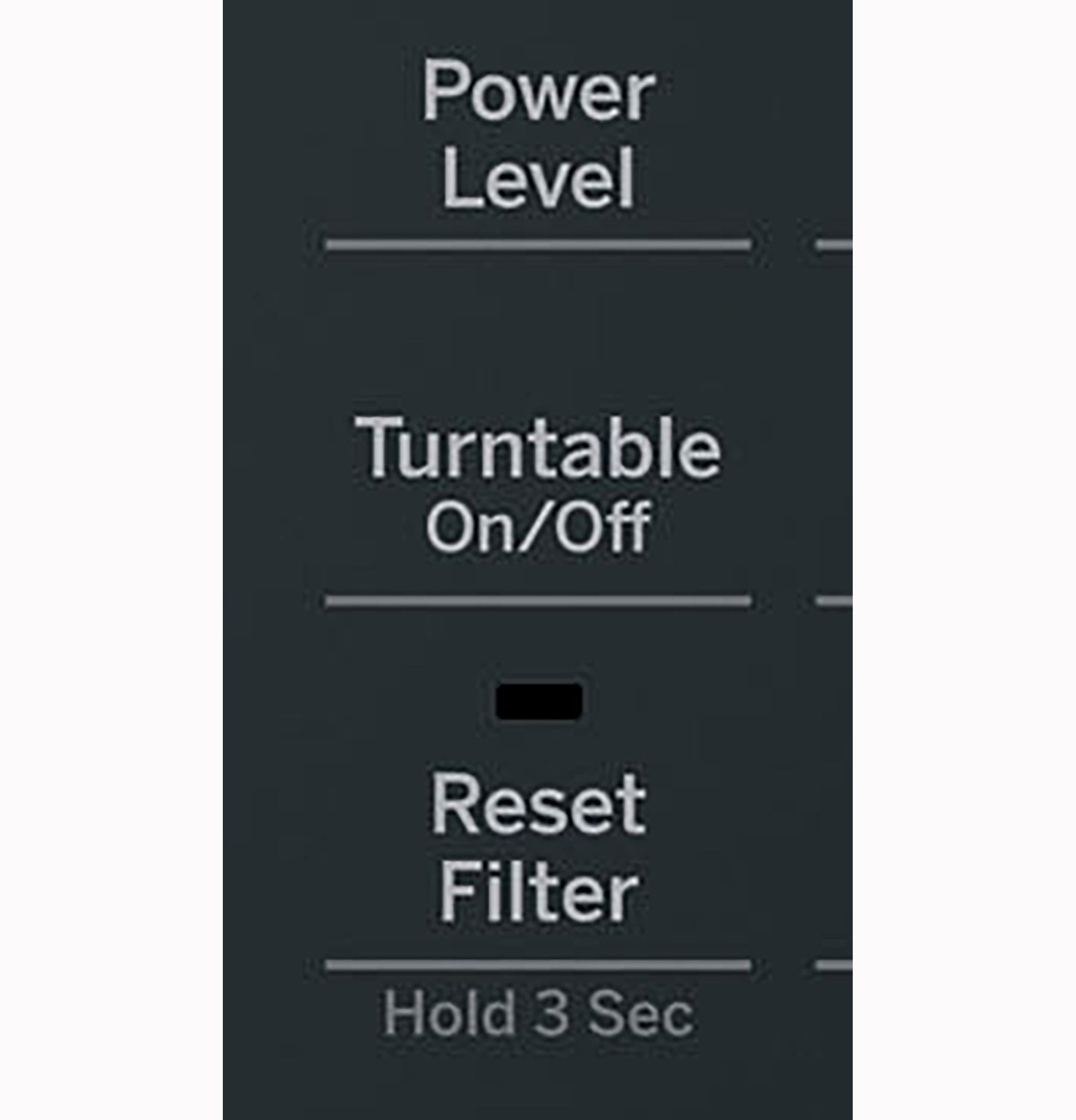 Microwave control panel showing power level, turntable on/off, and reset filter functions in kitchen appliances collection