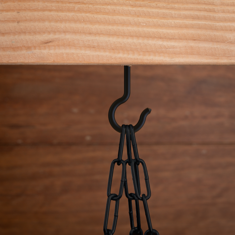 Black storm shine finish ceiling hook with screw end holding linked chains for storage and organization under $50 collection
