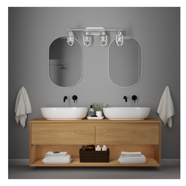 Chrome finished four-light vanity fixture with caged glass shades for bathroom and wall lighting collections