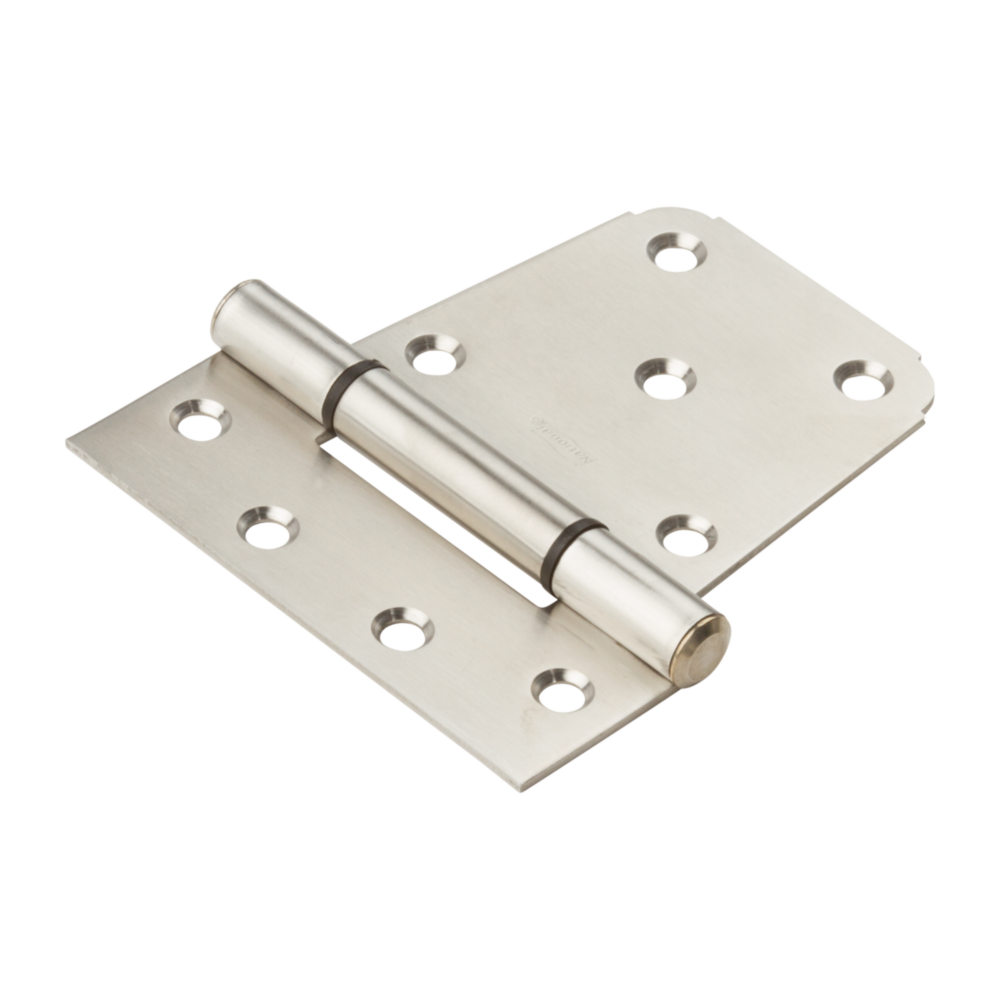 Extra heavy-duty stainless steel gate hinge with multiple screw holes for secure mounting in home improvement hardware.