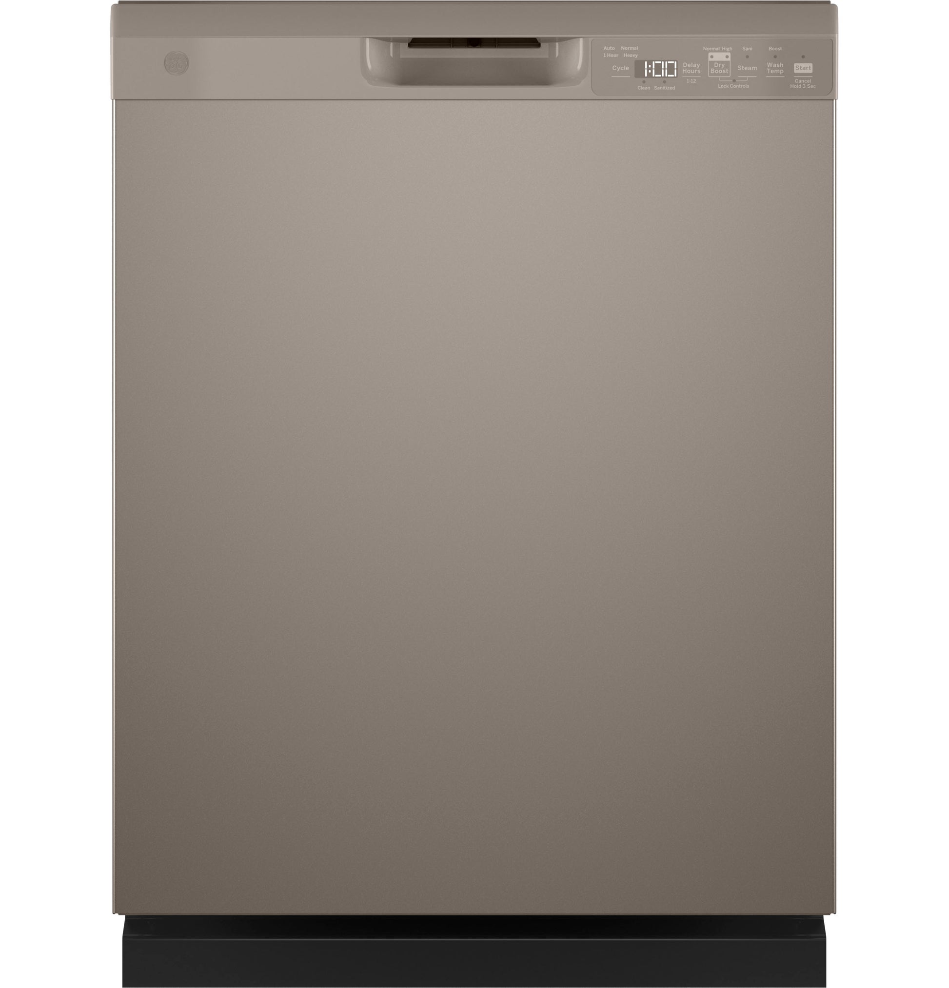 Front control dishwasher in a neutral finish with digital display and integrated handle in kitchen appliances collection