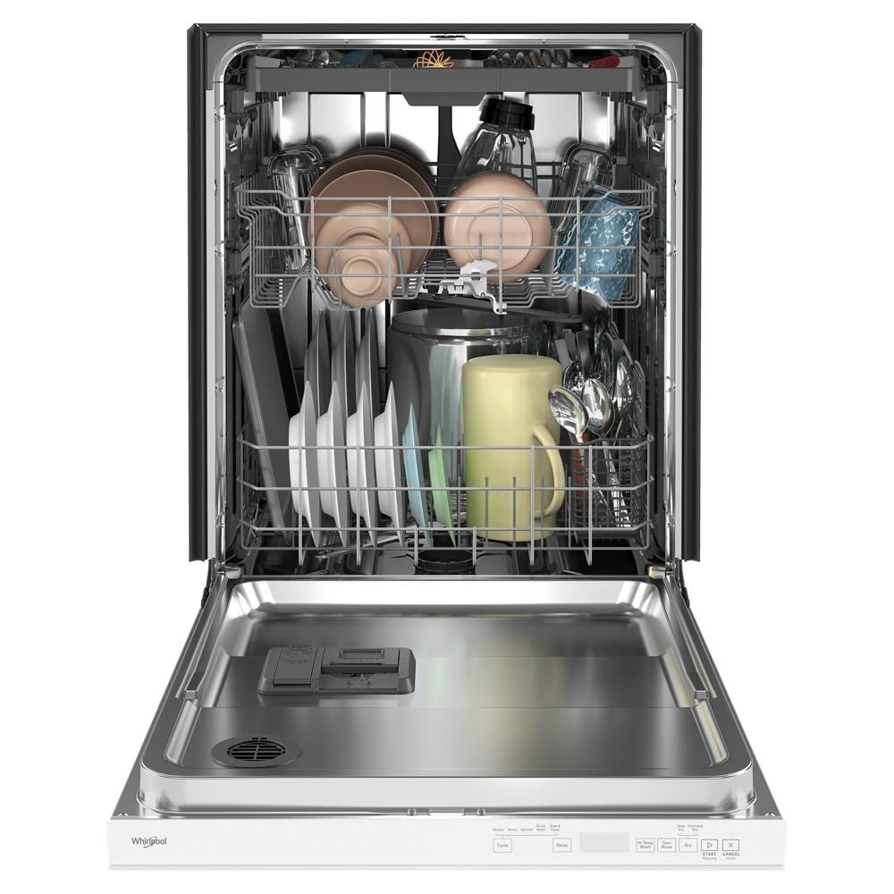 Open stainless steel dishwasher with two racks loaded with assorted dishes and utensils in Dishwashers and Appliances collections