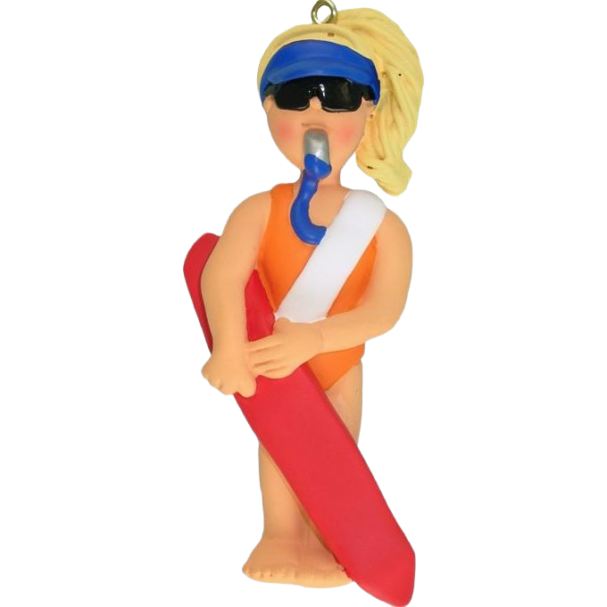 Blonde female lifeguard ornament in orange swimsuit with blue visor holding red rescue board in Christmas decorations collection