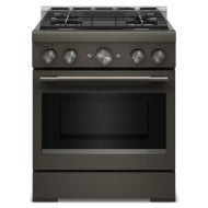 Matte graphite 30-inch commercial-style gas range with four burners, stainless steel knobs, and large oven window, ideal for Ranges and Kitchen & Kitchenware collections.