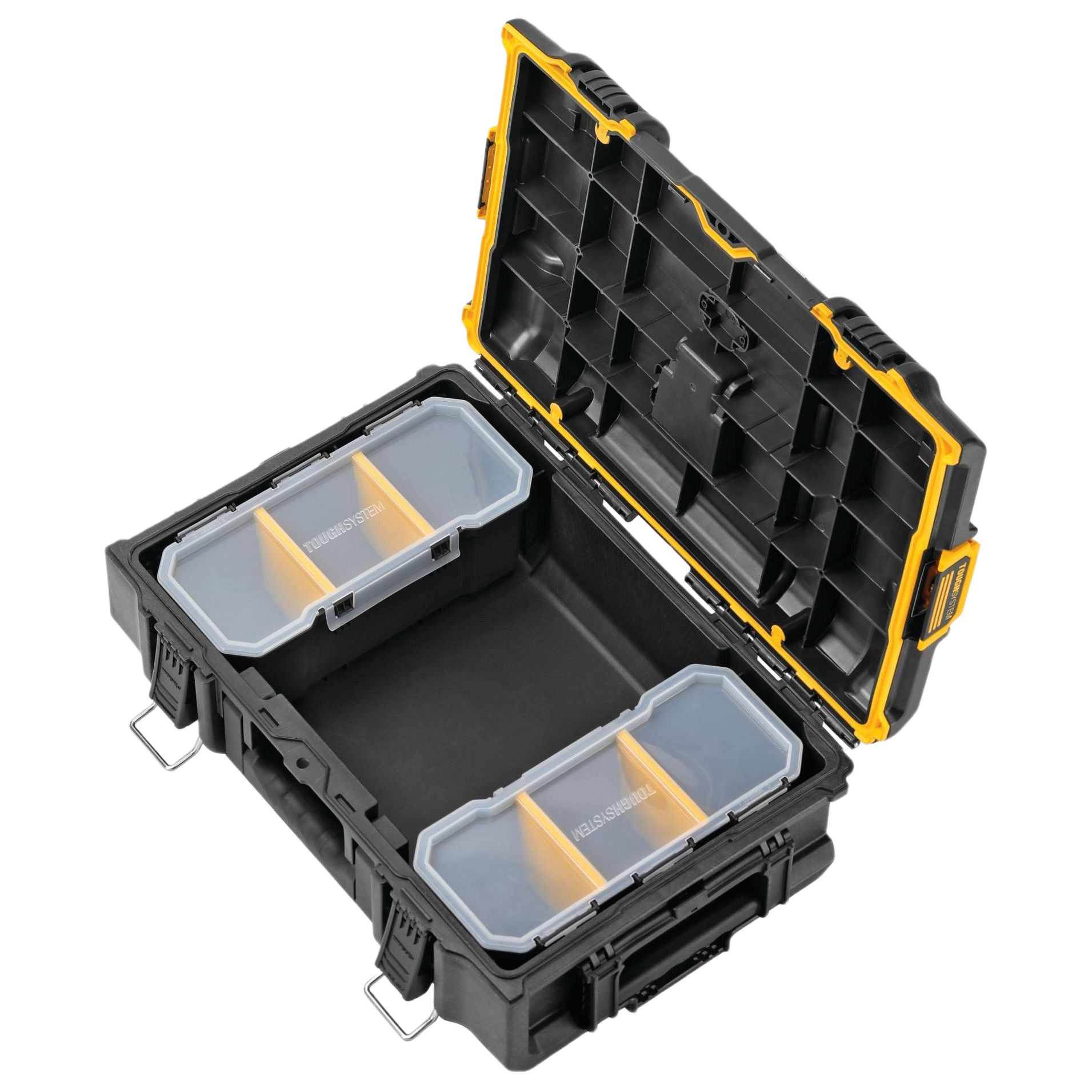 Black and yellow heavy-duty toolbox with removable clear plastic organizers for efficient tools and home improvement storage