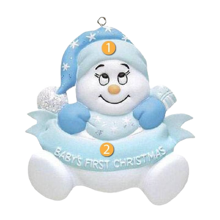 Blue snowbaby ornament wearing star-printed hat with banner reading Baby's First Christmas for holiday decoration under $50 collection