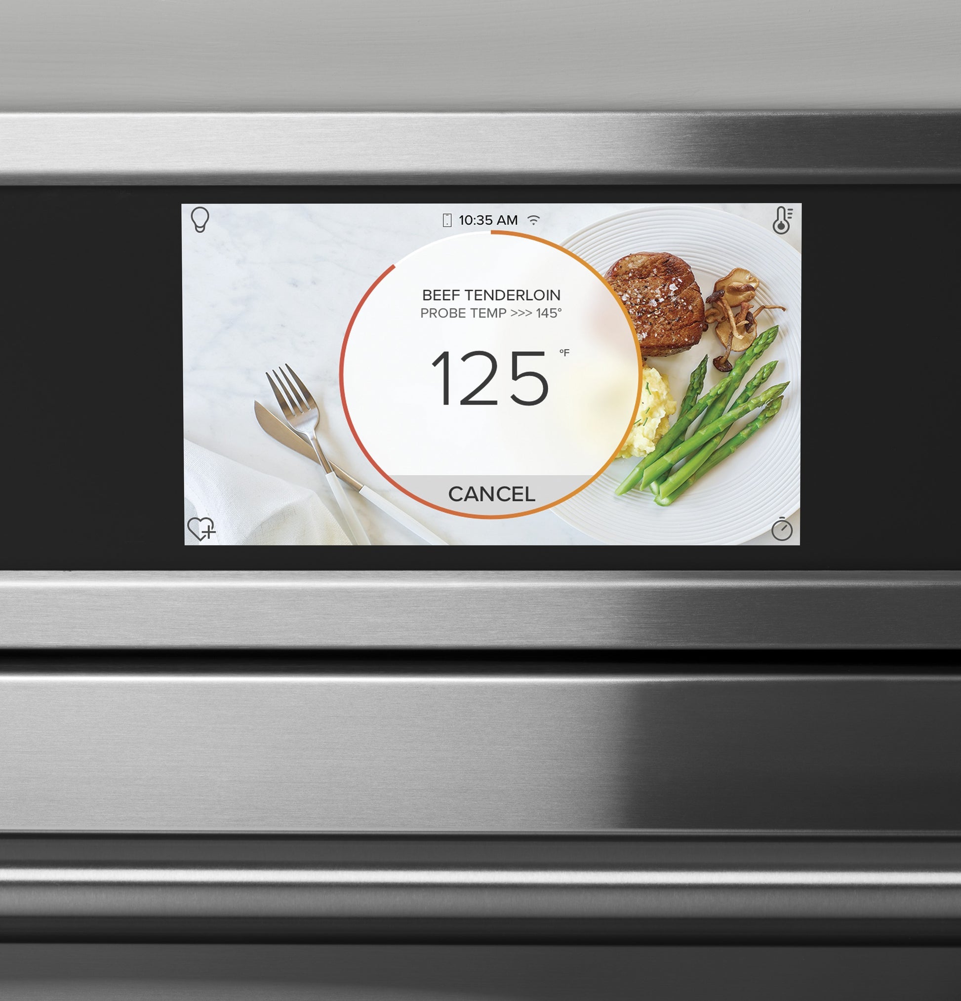 Touchscreen display on stainless steel smart wall oven showing beef tenderloin temperature setting in kitchen appliances collection