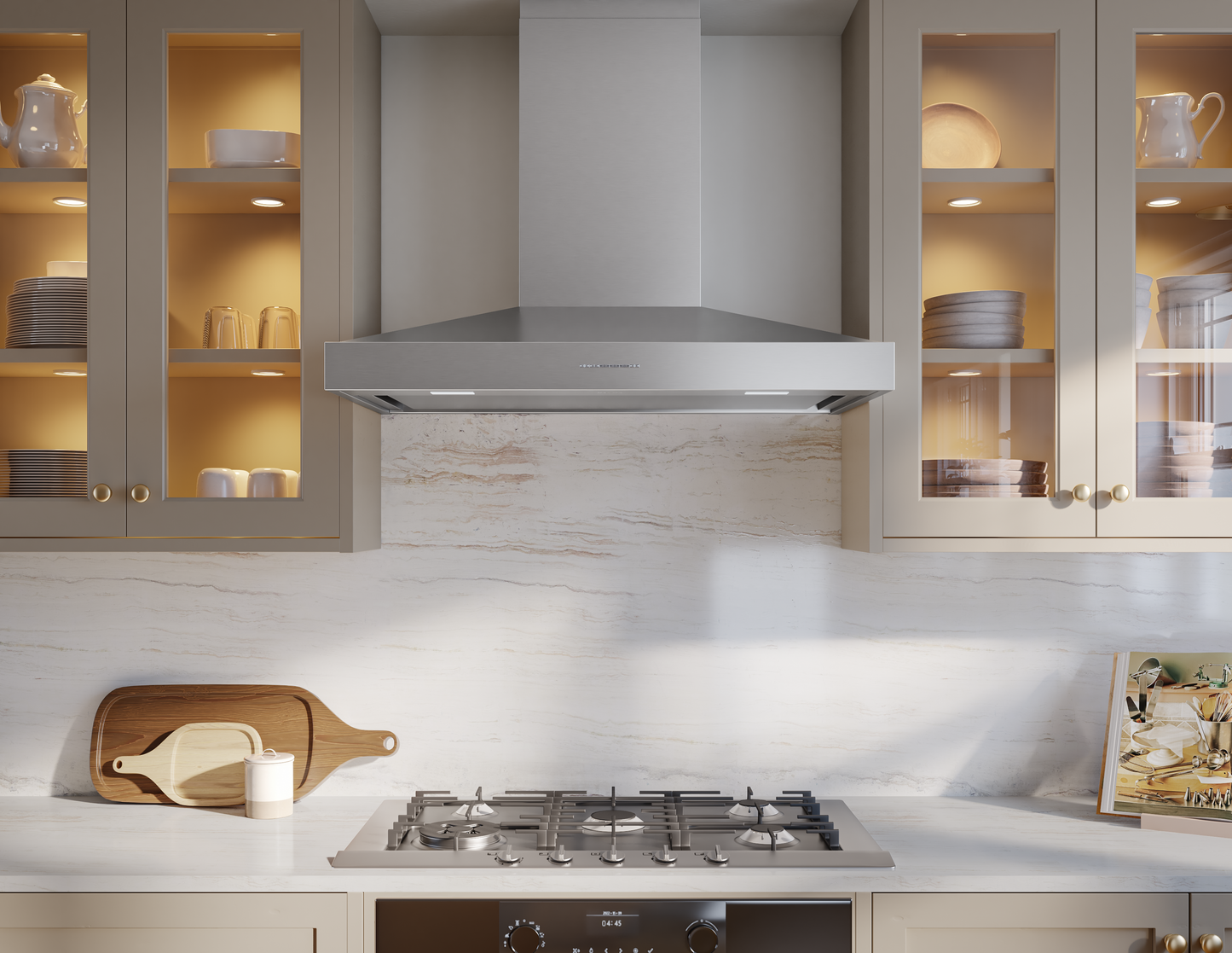stainless steel wall mounted range hood with pyramid shape and concealed filter panel in kitchen appliances collection