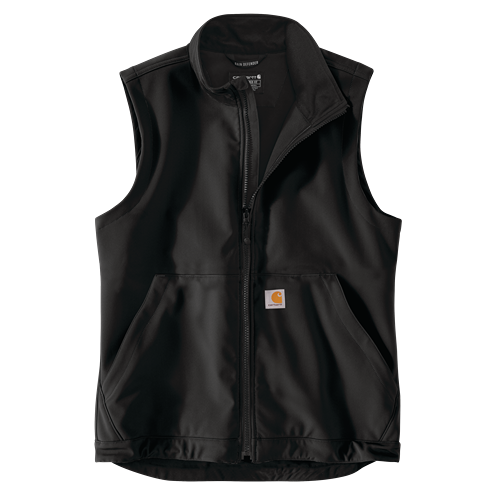 Men's XL black softshell vest with front zipper and pockets, designed for outdoor and workwear use