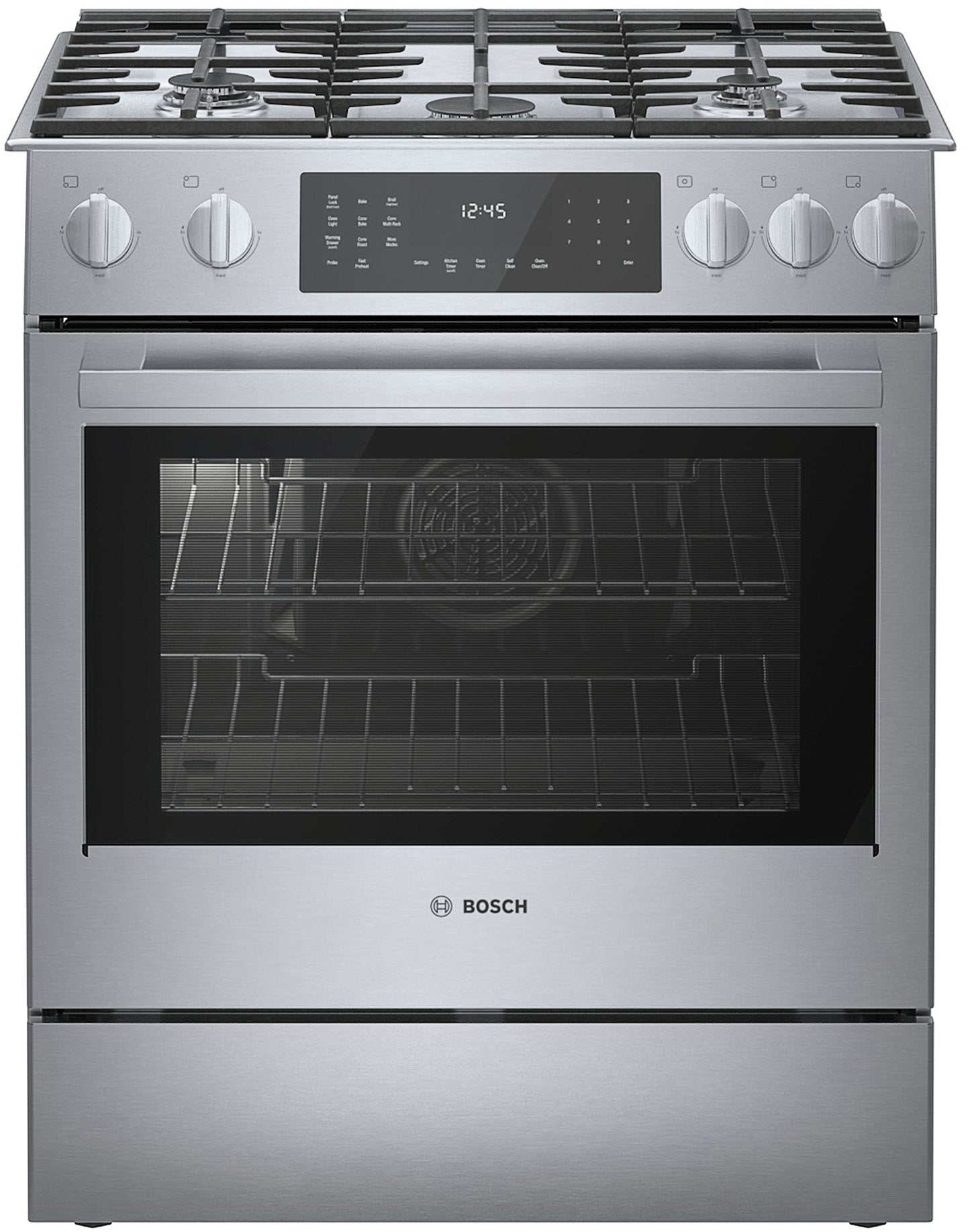 stainless steel dual fuel slide-in range with five burners and digital touch controls in kitchen appliances collection