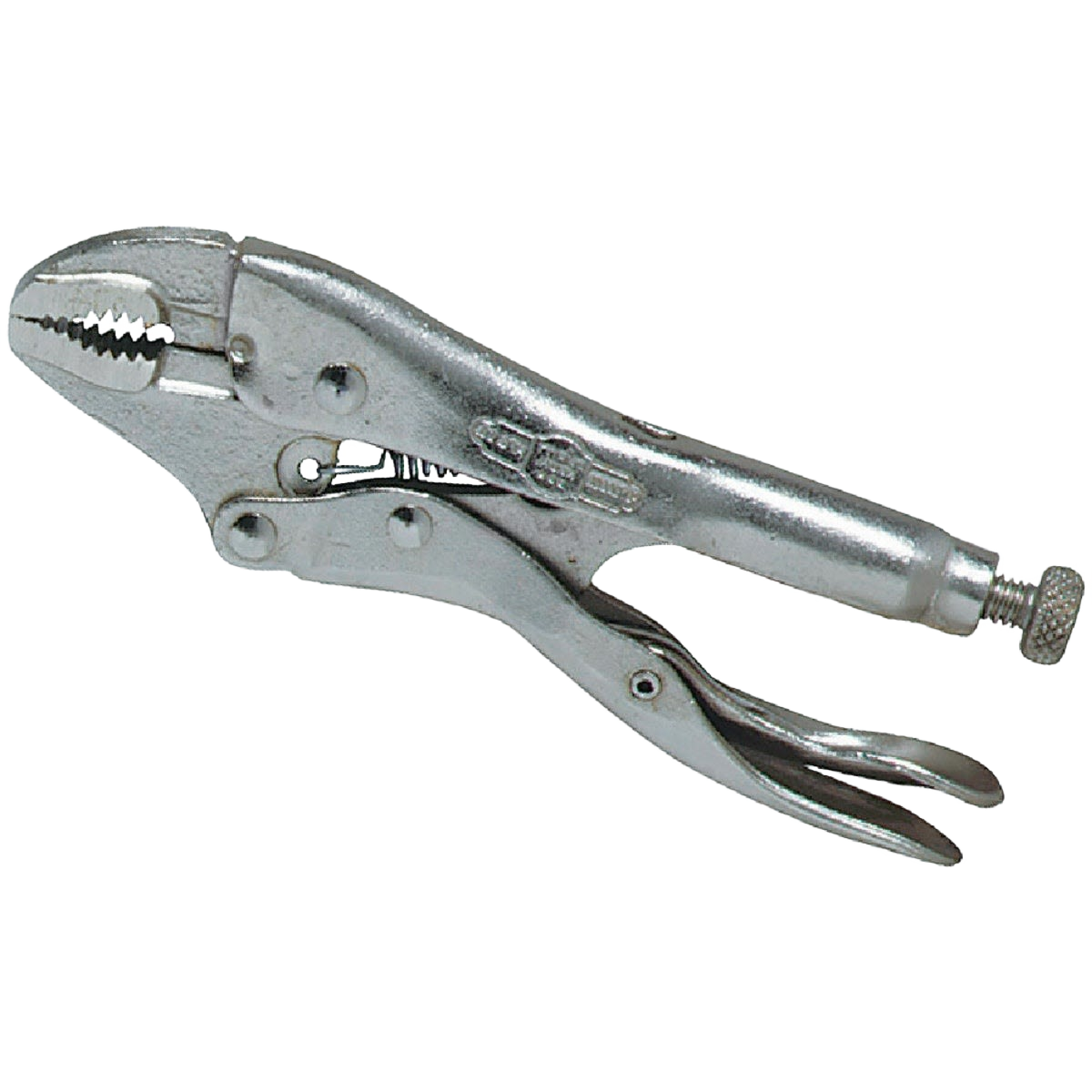Silver curved jaw locking pliers with adjustable screw for clamping in hand tools and woodworking projects