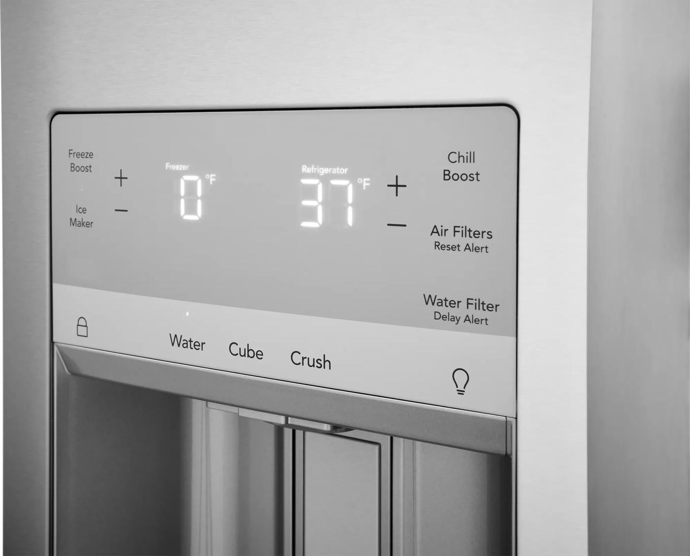 Close-up of digital control panel on stainless steel French door refrigerator with water and ice options from appliances collection