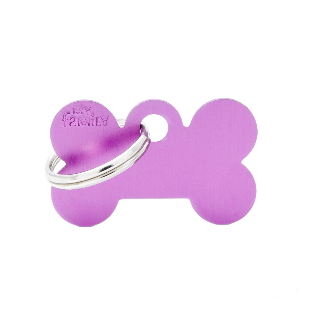 Small purple bone-shaped pet ID tag with attached ring for collar identification and safety purposes