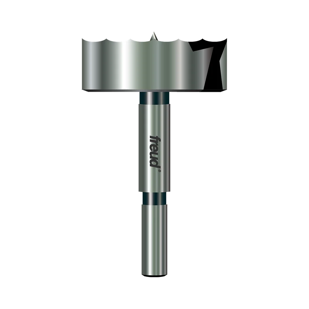 Silver 2-inch Forstner bit with serrated edge designed for clean holes, tool accessory for home improvement projects