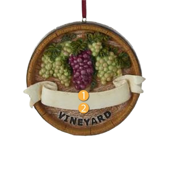 Round Christmas ornament featuring detailed purple and green grape clusters with a blank banner and vineyard text under $50