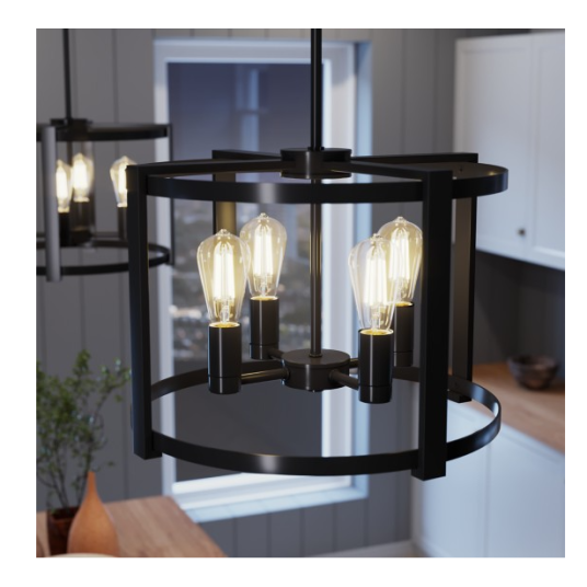 Matte black 4-light chandelier with cage frame and exposed vintage-style bulbs for rustic dining or living room lighting