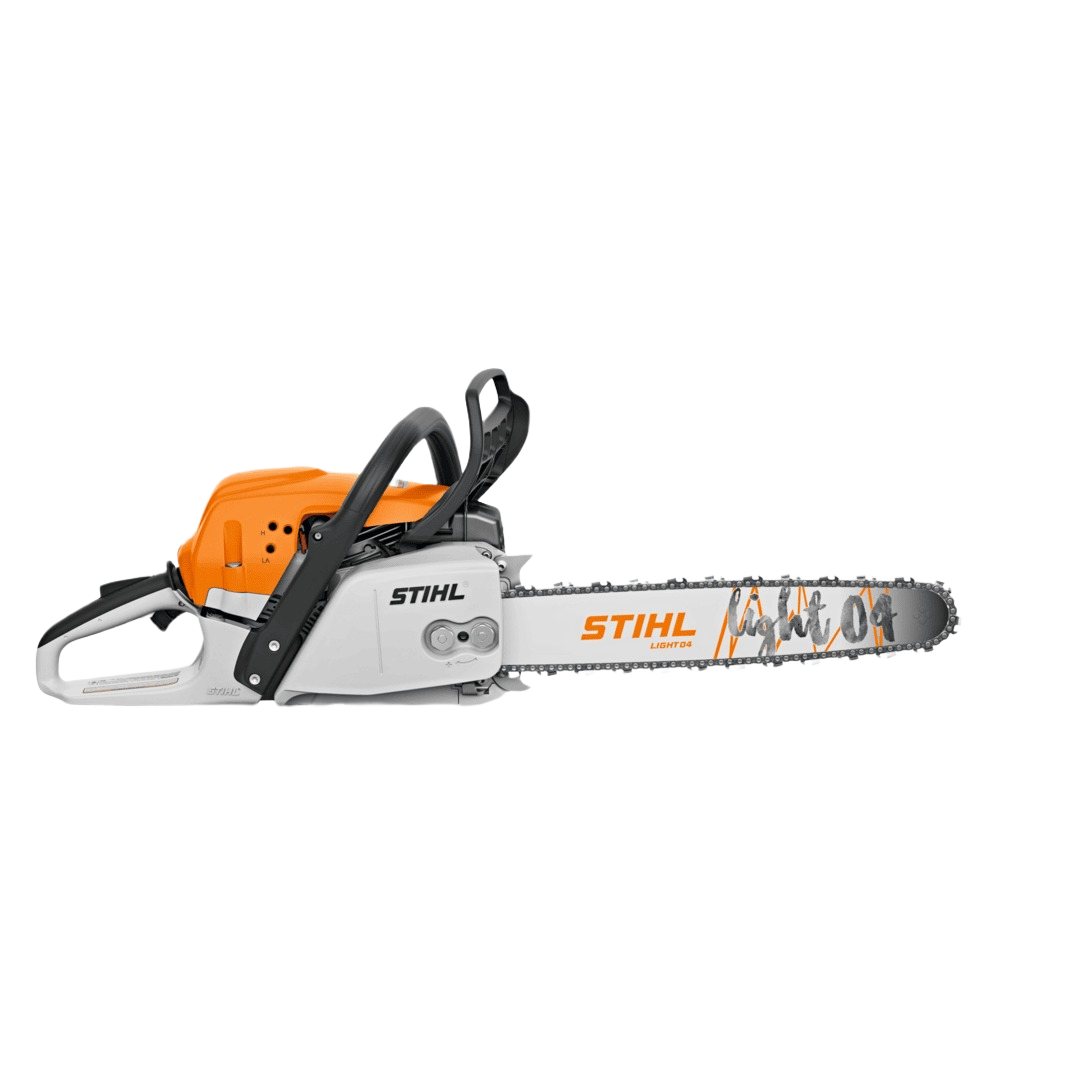 Orange and white fuel-efficient chainsaw with 20-inch bar designed for home improvement and outdoor tools use