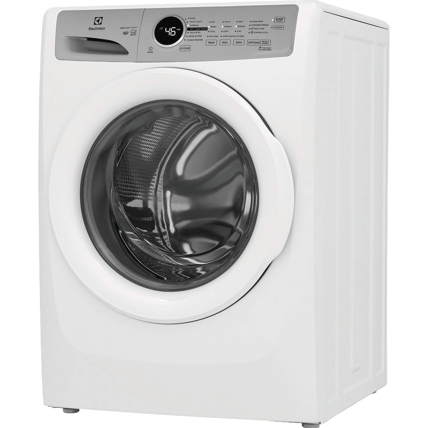 White front load washer with digital display and multiple wash cycle options from Electrolux appliances collection