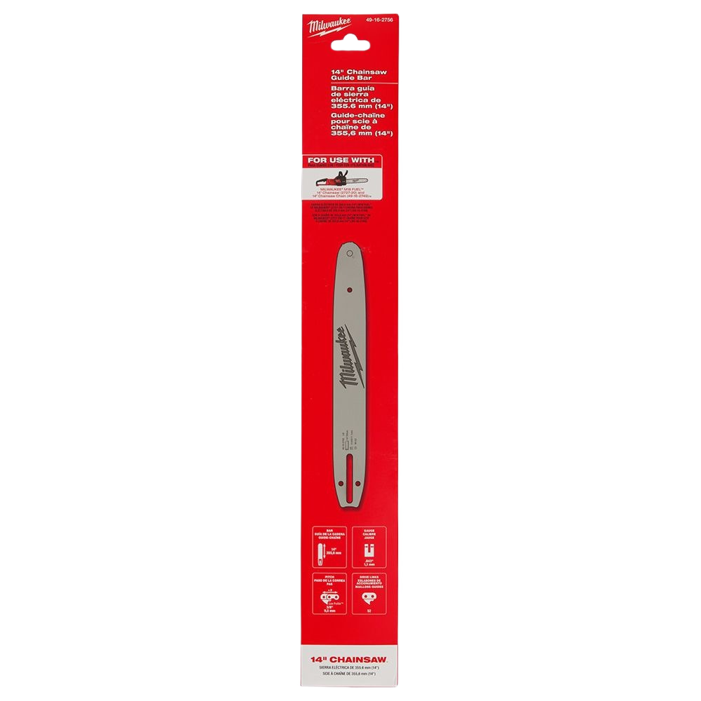 14-inch chainsaw guide bar with Milwaukee branding in red packaging for saw accessories and power tool collections