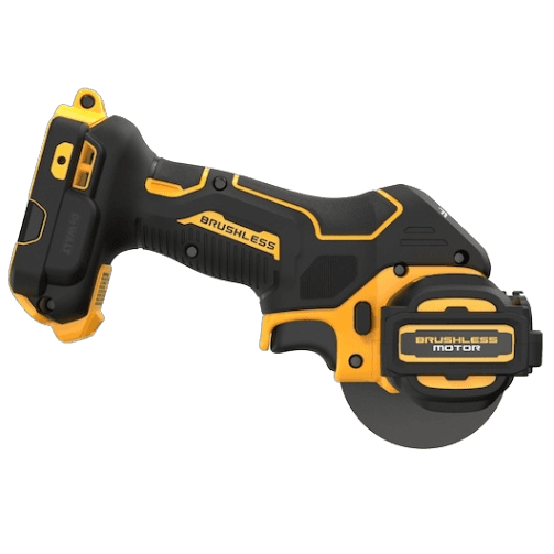 Cordless cut-off tool in black and yellow with brushless motor, designed for precision cutting in power tools, woodworking tools, and home improvement projects.