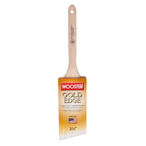 Wood-handled angle sash paint brush with white and gold polyester filaments for smooth finish in paint brushes collection