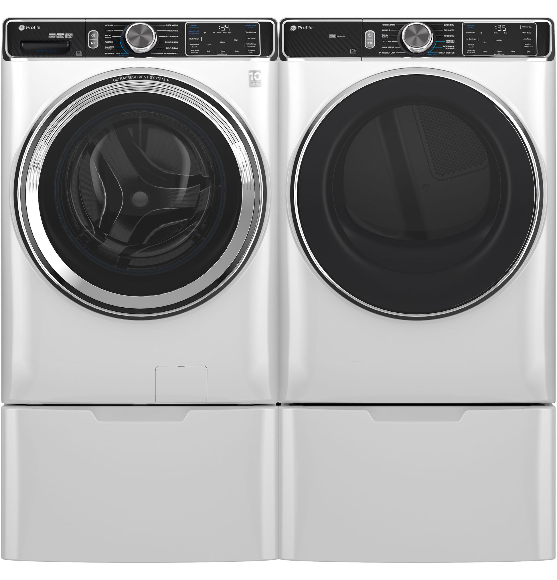 Pair of white GE Profile smart front load washer and dryer with digital controls in modern laundry appliances setting