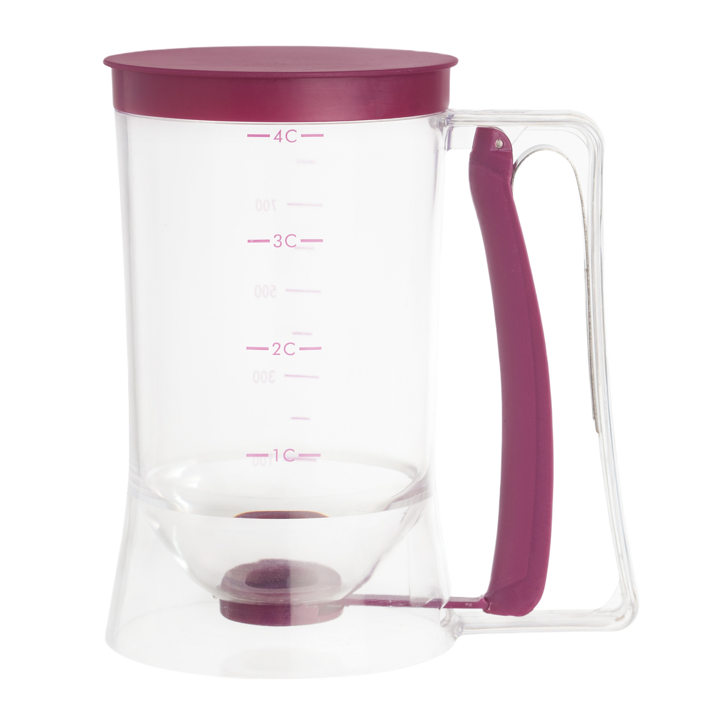 Clear batter dispenser with purple lid and handle, measuring up to 4 cups for kitchen gadgets and cooking utensils use