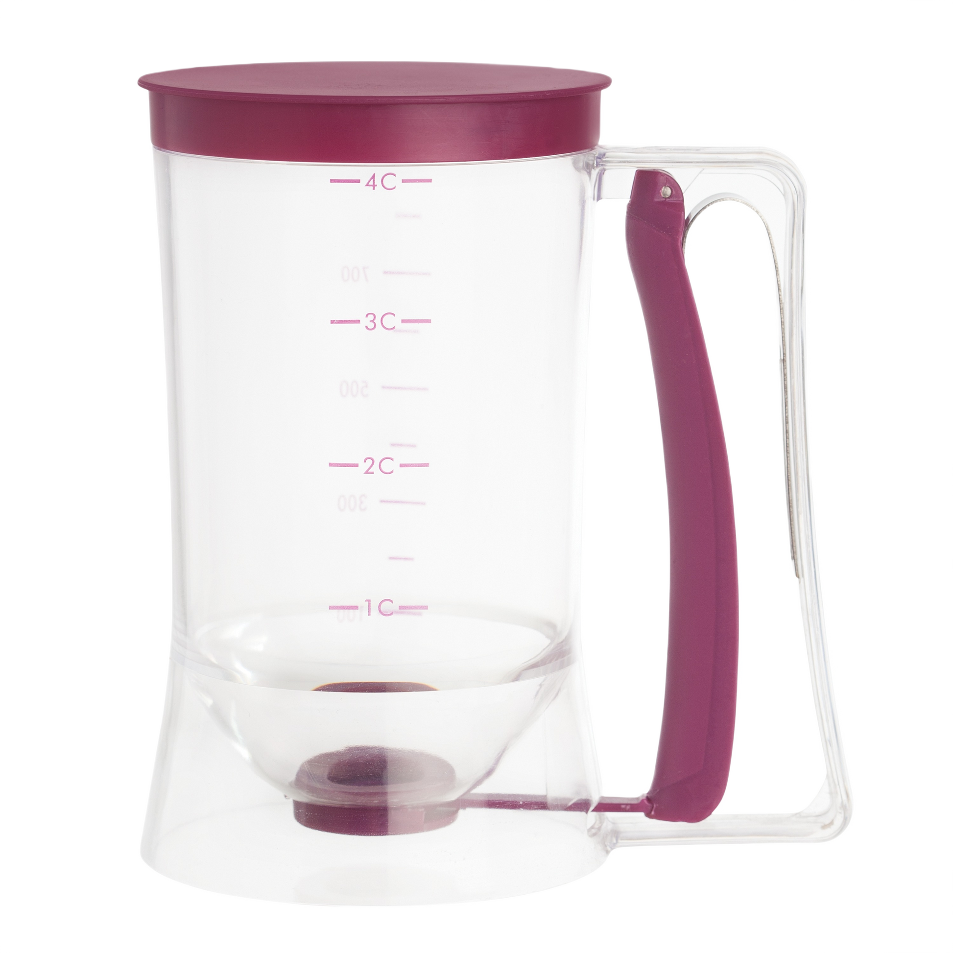 Clear batter dispenser with purple lid and handle, measuring up to 4 cups for kitchen gadgets and cooking utensils use