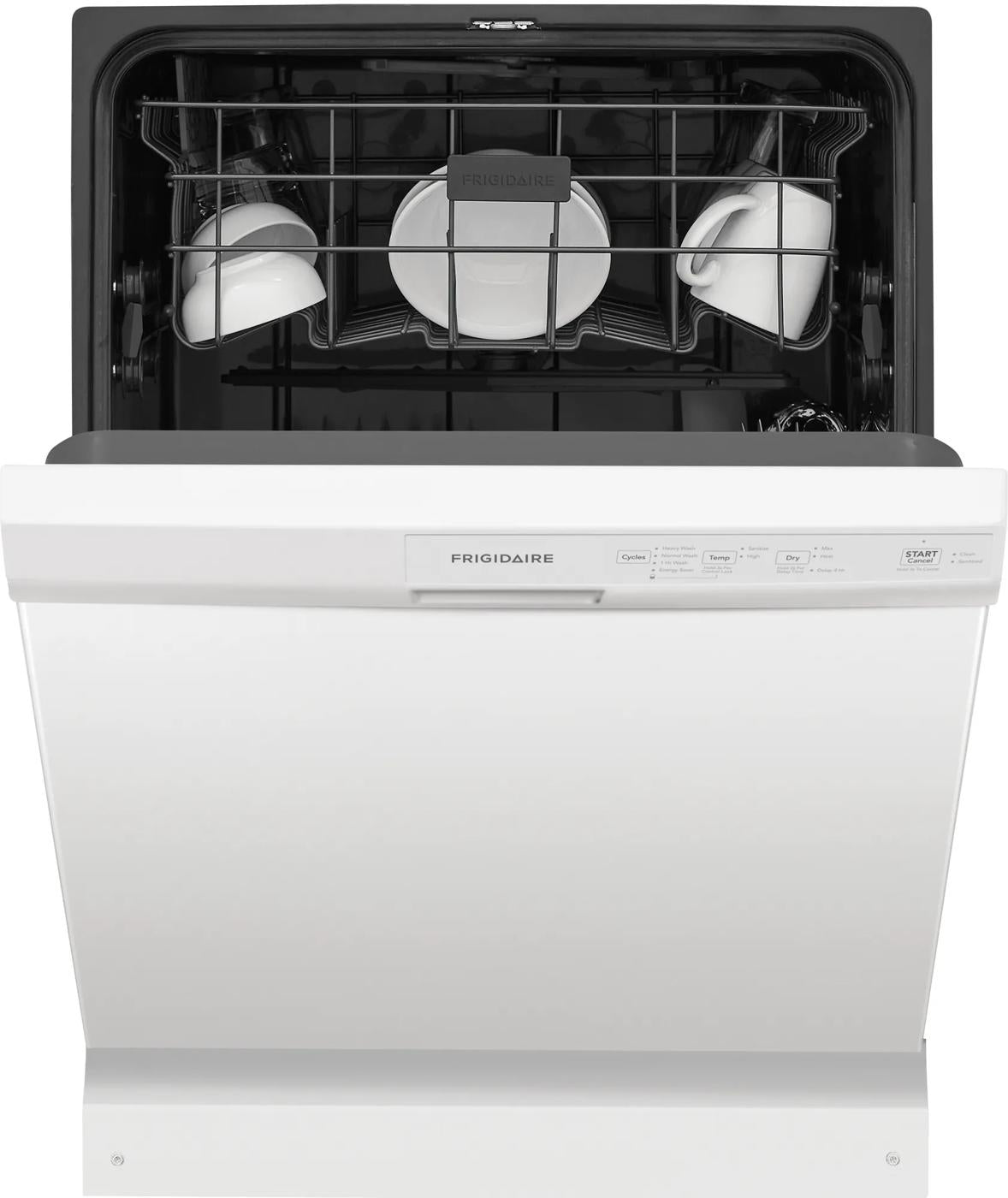 Open white built-in dishwasher loaded with white dishware, featuring control panel and interior racks in kitchen appliance setting