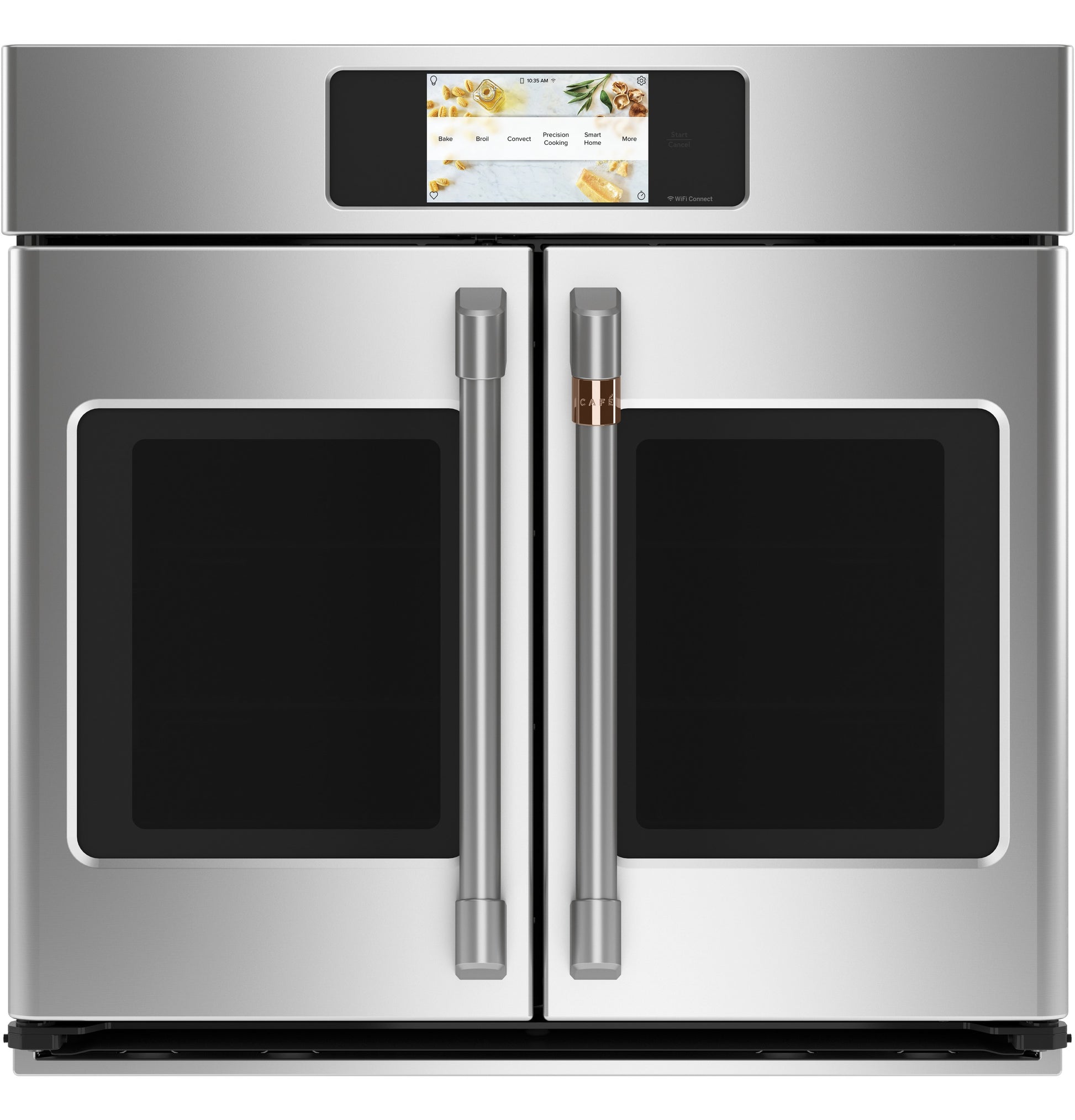 Front view of stainless steel smart built-in convection French-door oven with digital touchscreen controls