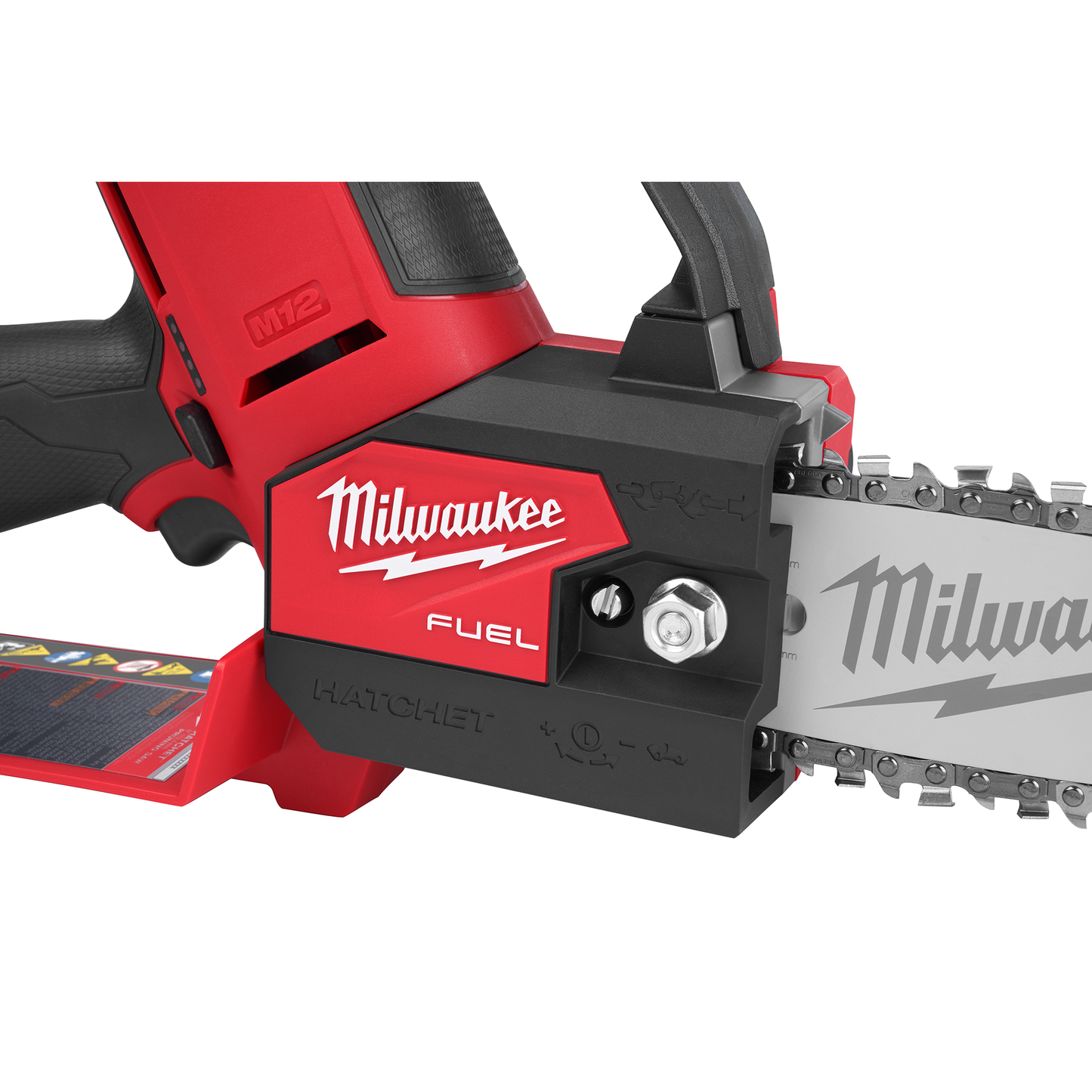 Close-up of red and black Milwaukee cordless pruning saw with sharp 6-inch chain blade for home improvement use