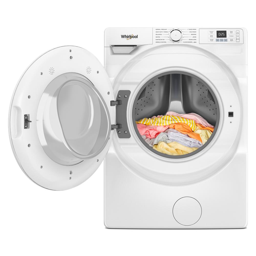White front load washer with open door, digital display, control knob, and colorful clothes inside in washers collection