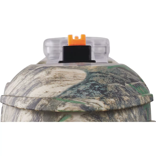 Close-up of camo-patterned bug control device with clear salt chamber and bright orange sight for precise targeting