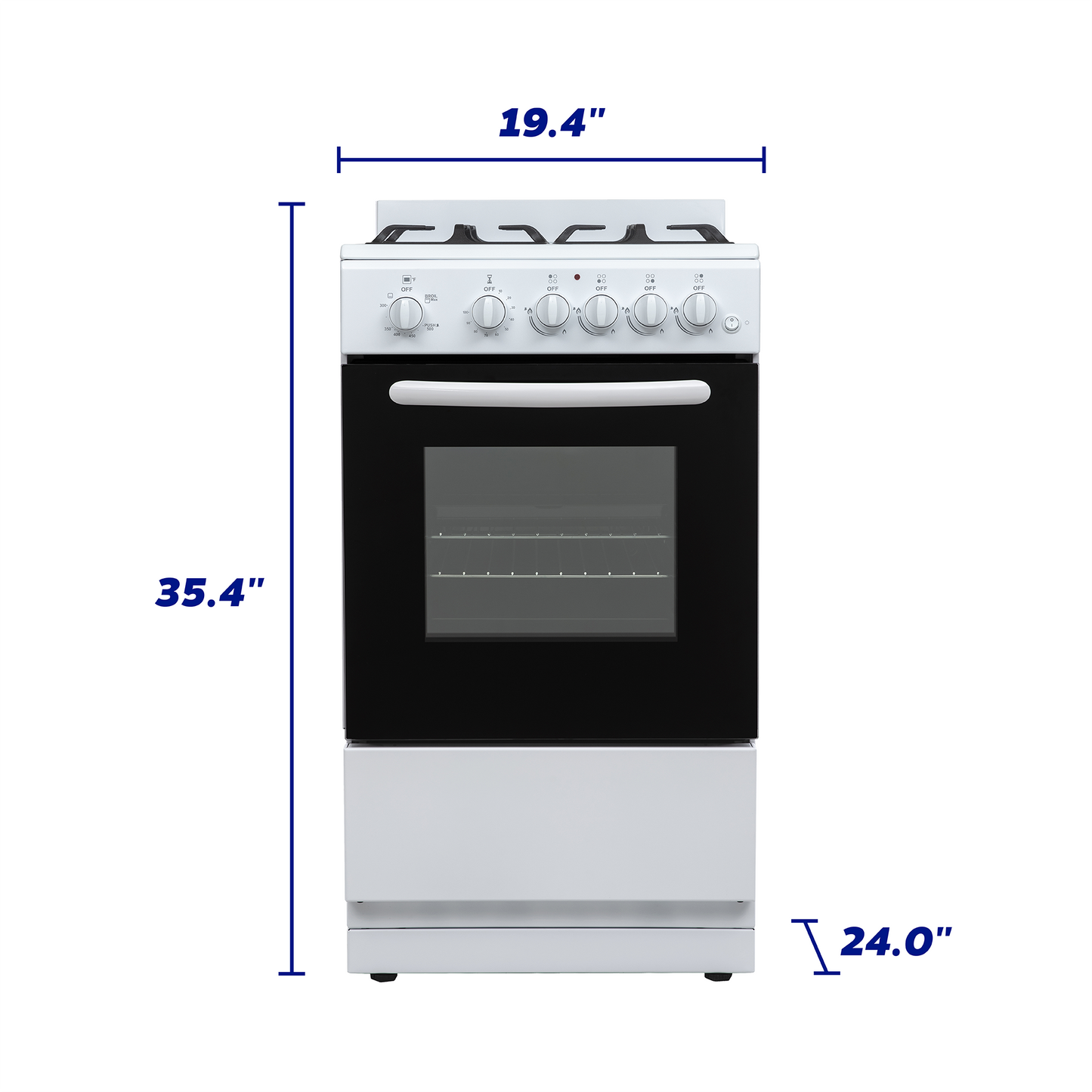 Compact white gas range with cast iron grates and oven window, ideal for kitchen and home cooking spaces.