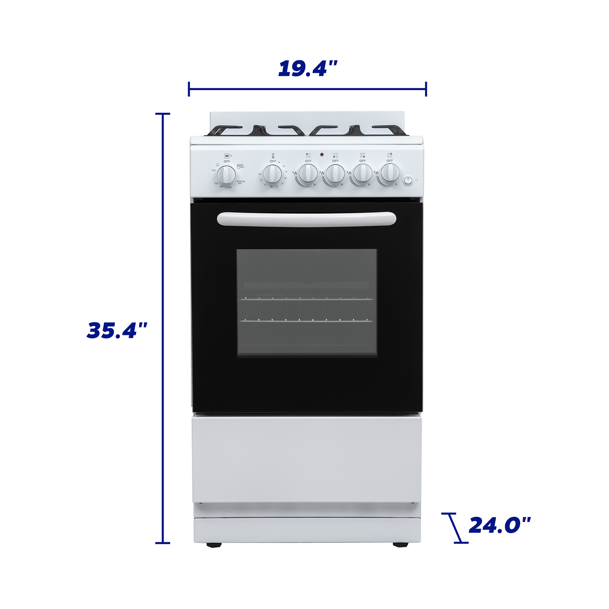 Compact white gas range with cast iron grates and oven window, ideal for kitchen and home cooking spaces.