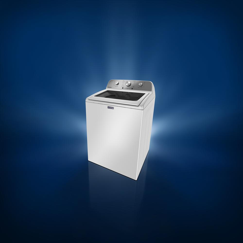 White top load agitator washer with stainless steel control panel and three knobs, part of Top Load Washers, Washers, Appliances, and Washers & Dryers collections at Hartville Hardware.