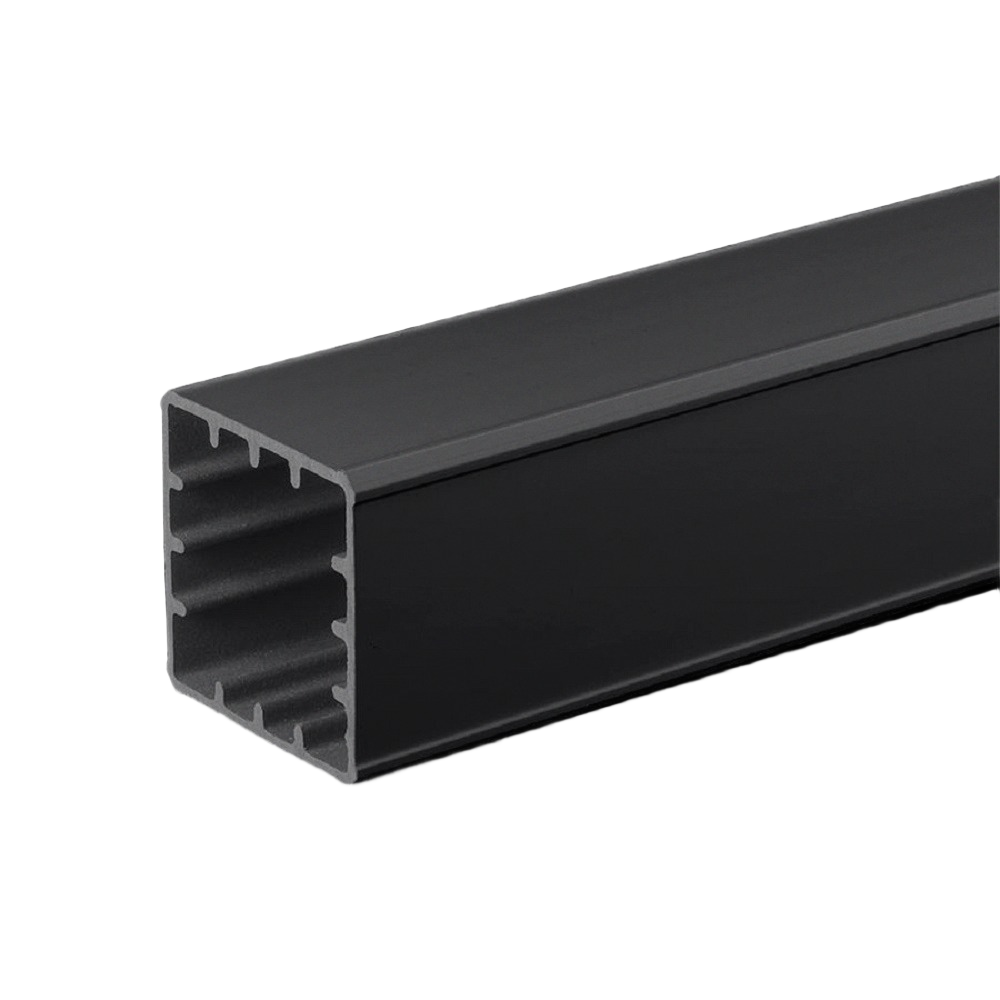Matte black composite post sleeve with a square design for outdoor home improvement projects and deck installations