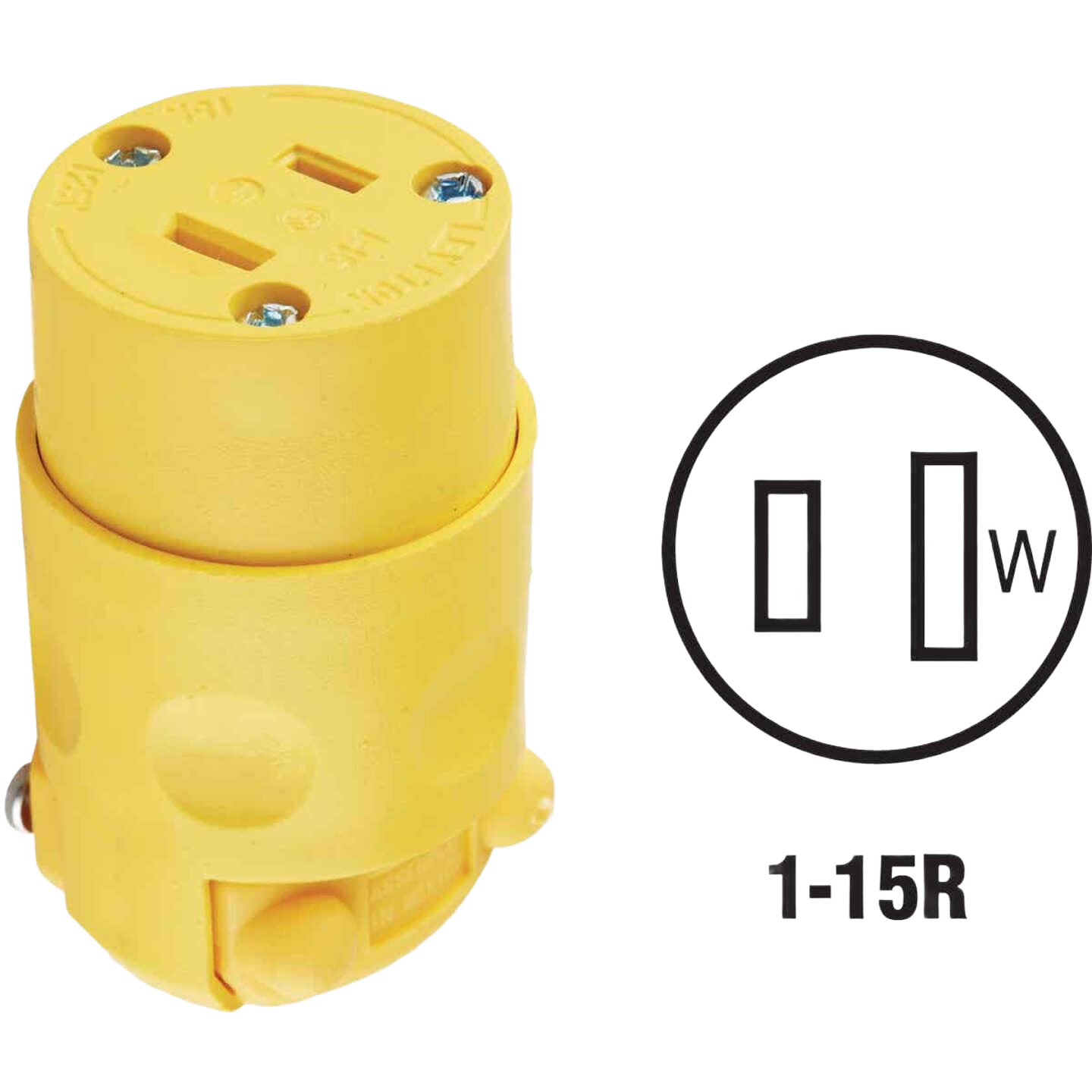 Yellow 15-amp 2-pole residential grade cord connector designed for electrical and home improvement use
