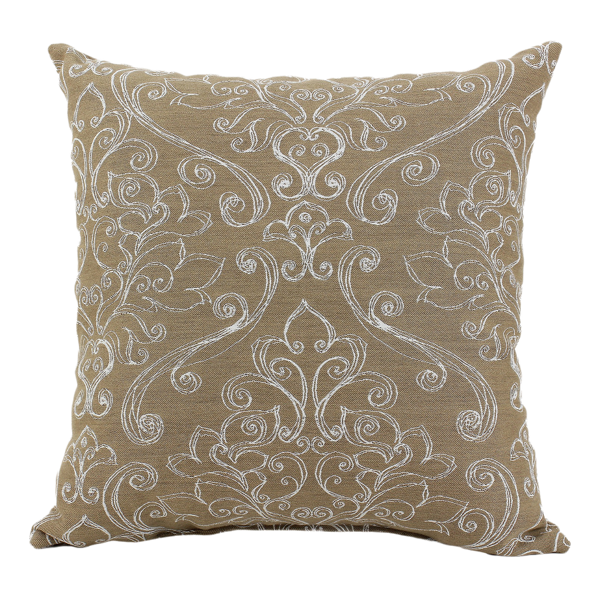 Brown square outdoor cushion with white sketched scroll frame design for patio and garden seating under $50