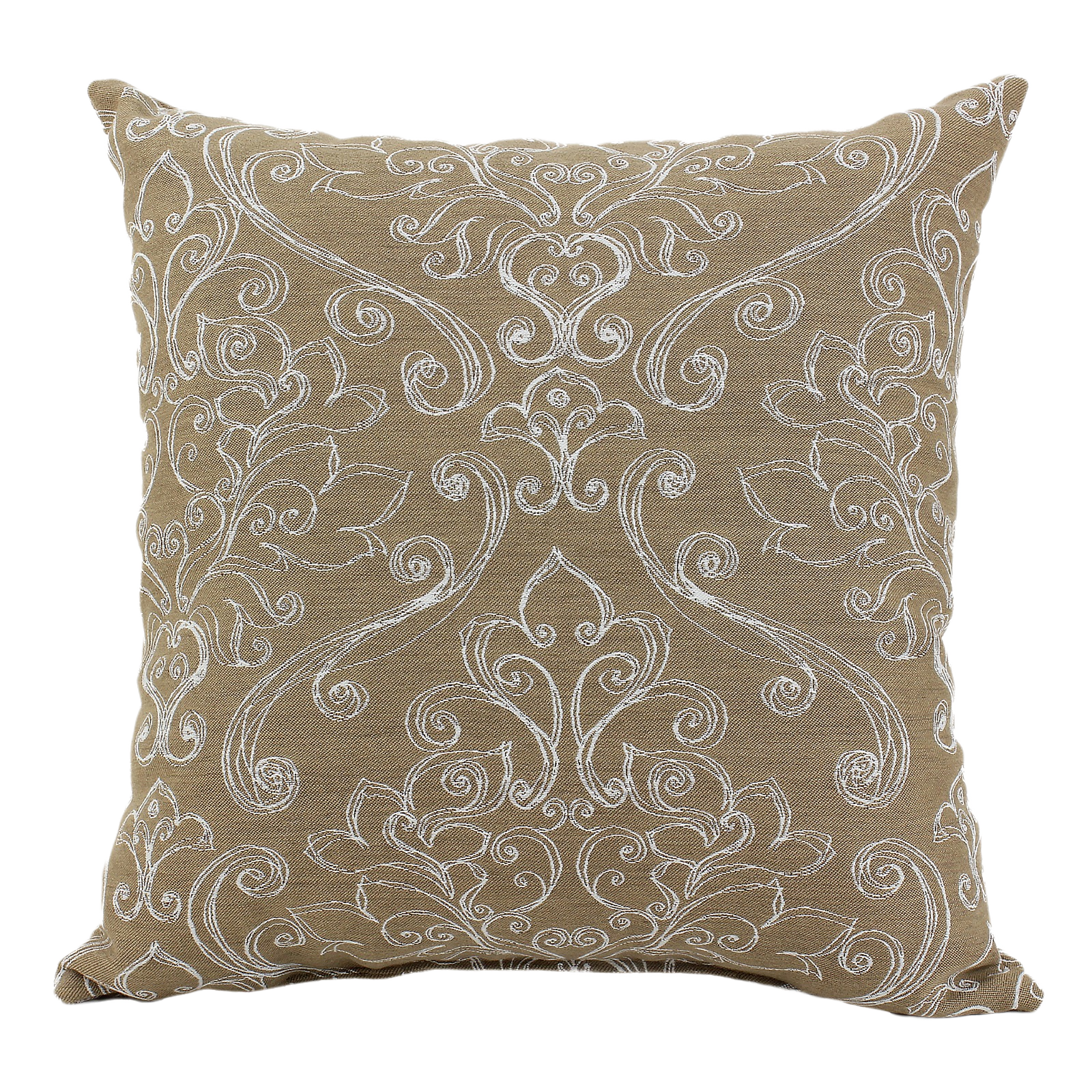 Brown square outdoor cushion with white sketched scroll frame design for patio and garden seating under $50