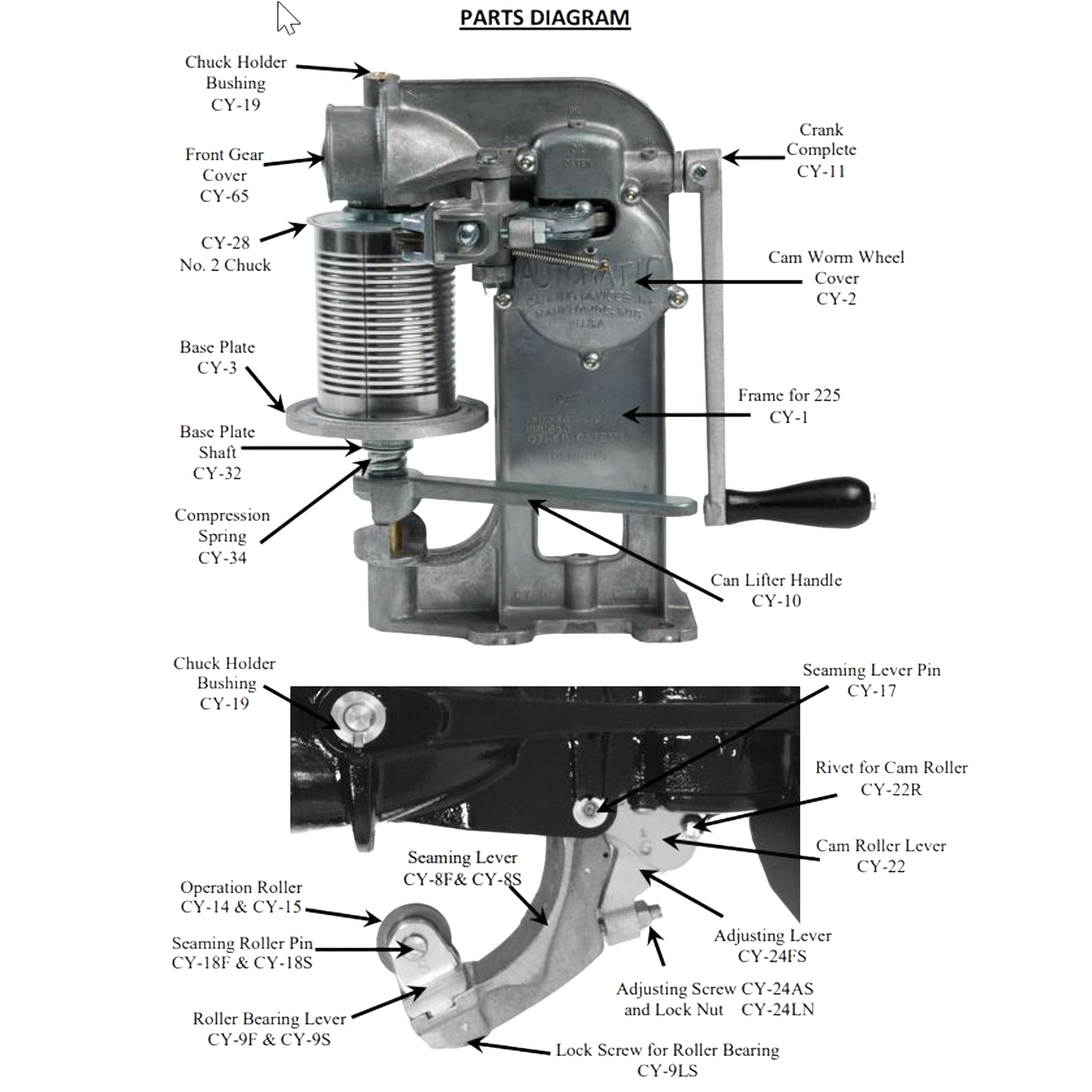 Detailed technical illustration of a hand crank can sealer for No. 2 cans with labeled parts in Kitchen & Kitchenware collection