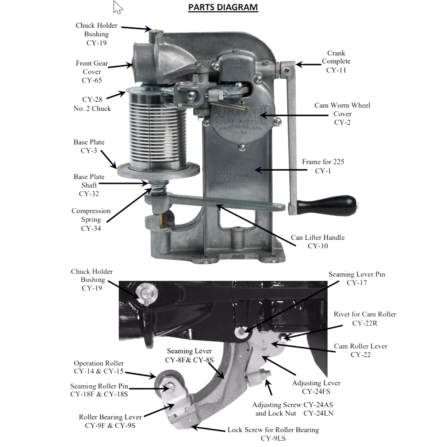 Detailed technical illustration of a hand crank can sealer for No. 2 cans with labeled parts in Kitchen & Kitchenware collection