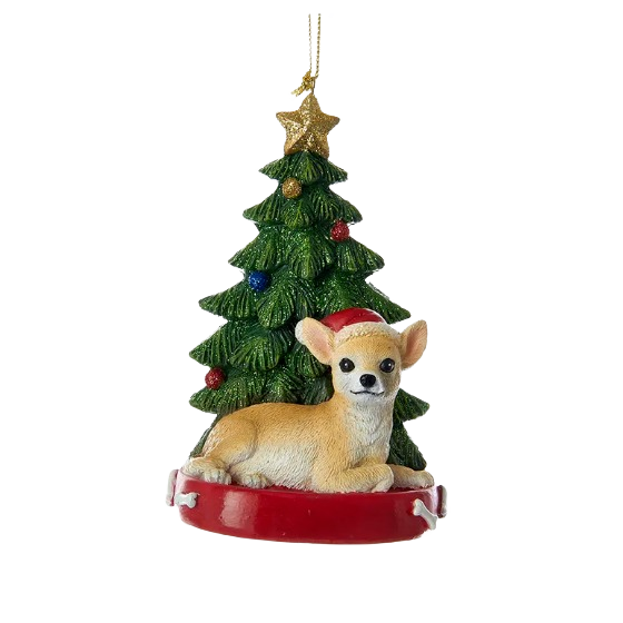 Small Christmas tree ornament featuring a reclining Chihuahua wearing a Santa hat in holiday decor collection