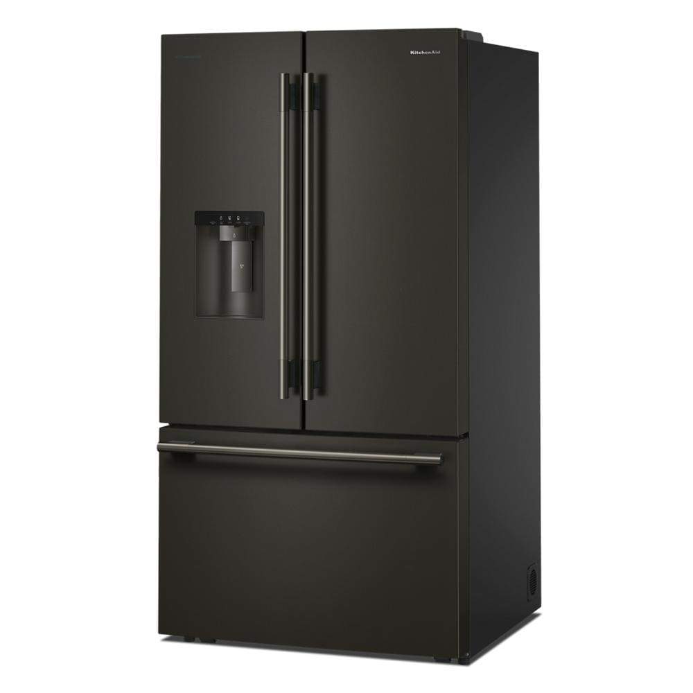 Matte black French door refrigerator with bottom freezer and exterior water dispenser in kitchen appliances collection