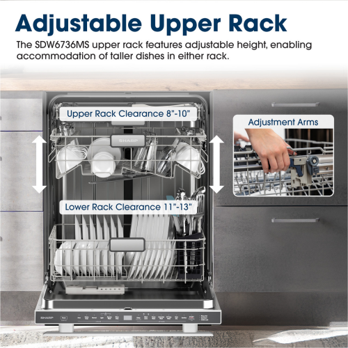Open 24 in. stainless steel dishwasher showing adjustable upper rack and lower rack with clean white dishes inside kitchen setting.