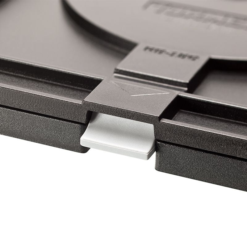 Close-up of a durable rotating base component with a metal adjustment lever for tools and home improvement tasks