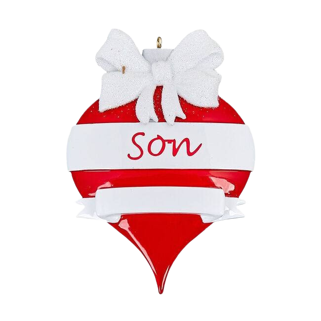 Red and white teardrop ornament with white bow and personalized "Son" lettering from Christmas Ornaments collection under $50