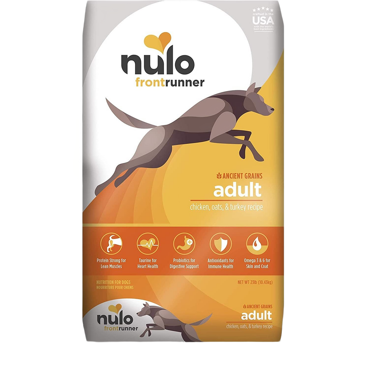 Nulo Frontrunner adult dog food bag with chicken, oats, and turkey recipe for digestive and immune support