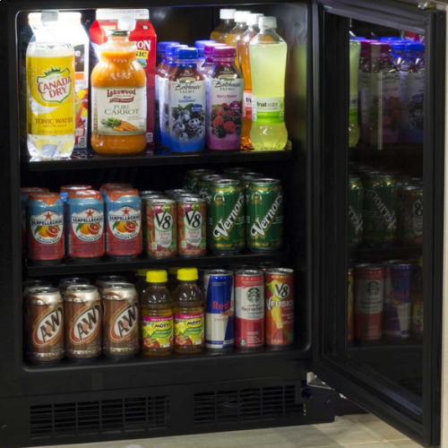 Open built-in beverage refrigerator with black frame showing stocked assorted drinks in kitchen appliances collection